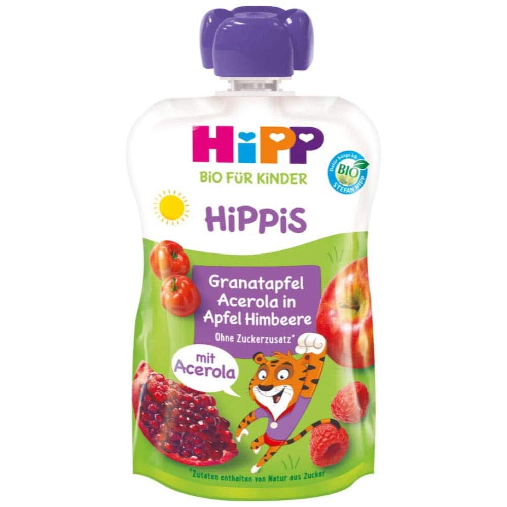 Hipp Super-Hippis squeeze sachets, grenade acérola en pomme-framboise, fruit 100% bio sans sucre ajouté, 6 sachets de 100 g Mère et Enfant Naty Shop 6 x 100 grammes Grenade Acérola Pomme Framboise