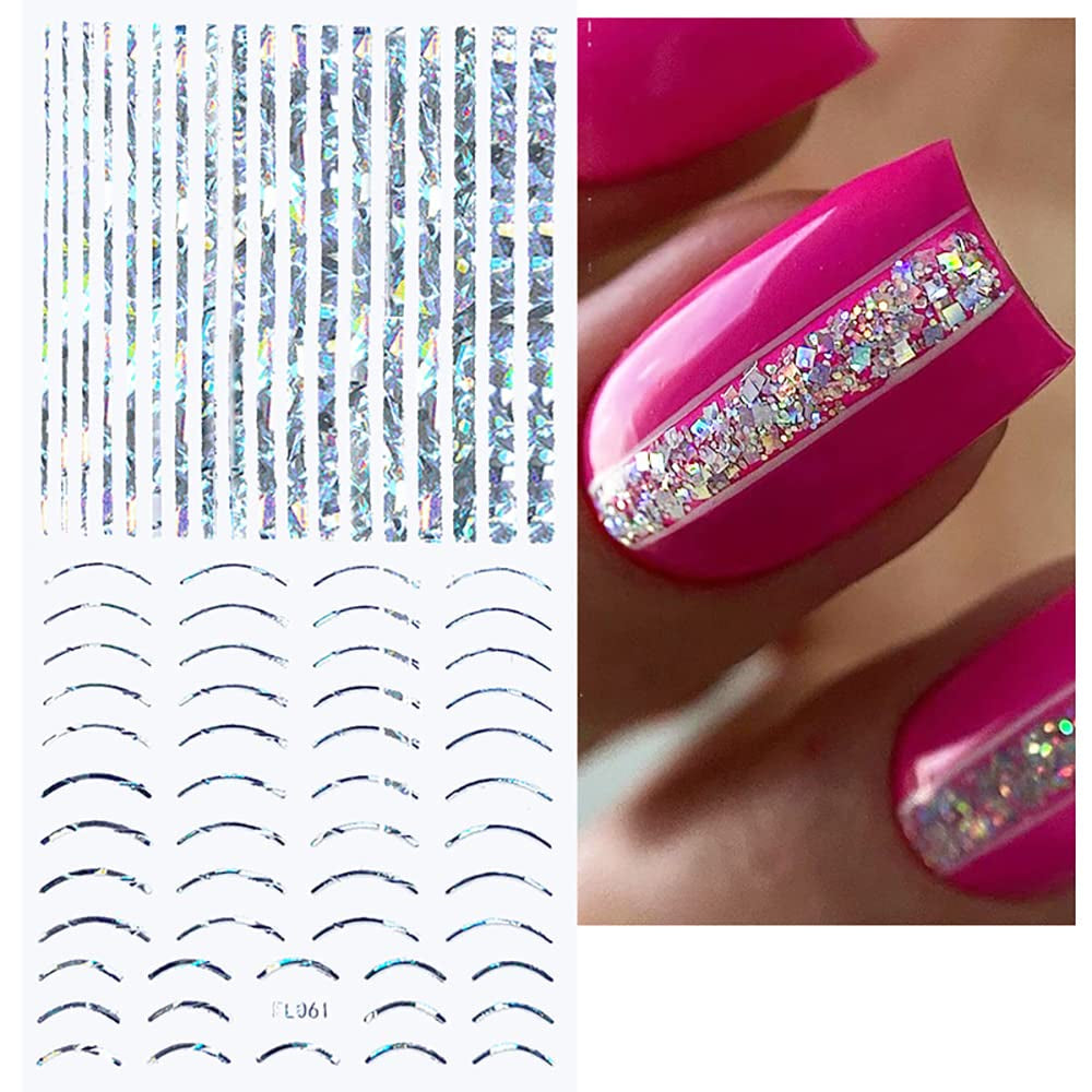 12 feuilles d'autocollants pour ongles auto-adhésifs lignes pailletées laser autocollants holographiques rayures bronze autocollants pour ongles ligne française arcs incurvés lignes ondulées autocollants pour ongles accessoires de nail art