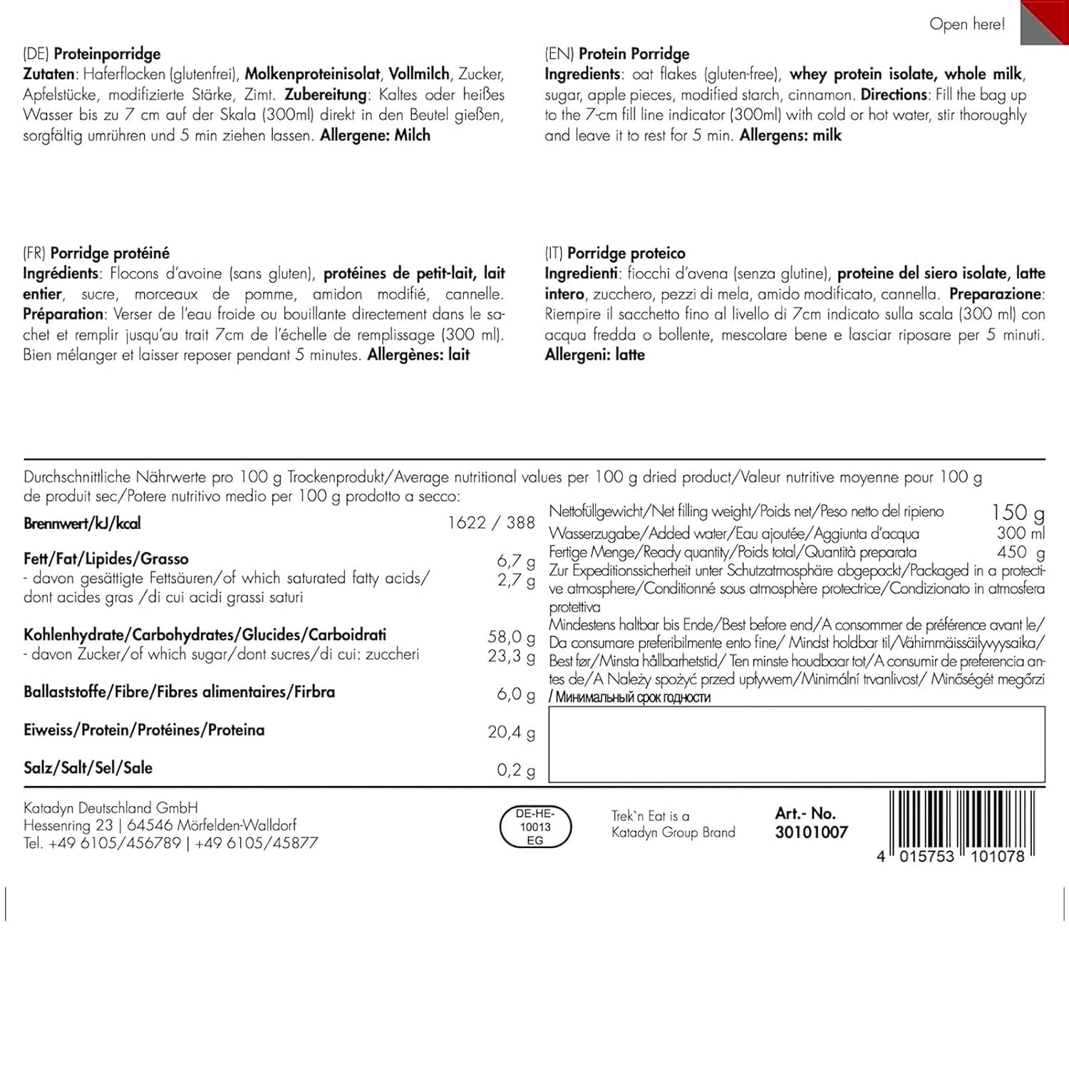 Trek'n Eat Protein Porridge – Petit-déjeuner riche en protéines pour l'extérieur | Table lyophilisée pour le camping, la randonnée et les expéditions | Garnissant, rapide à préparer, idéal pour voyager