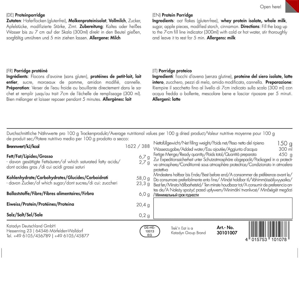 Trek'n Eat Protein Porridge – Petit-déjeuner riche en protéines pour l'extérieur | Table lyophilisée pour le camping, la randonnée et les expéditions | Garnissant, rapide à préparer, idéal pour voyager