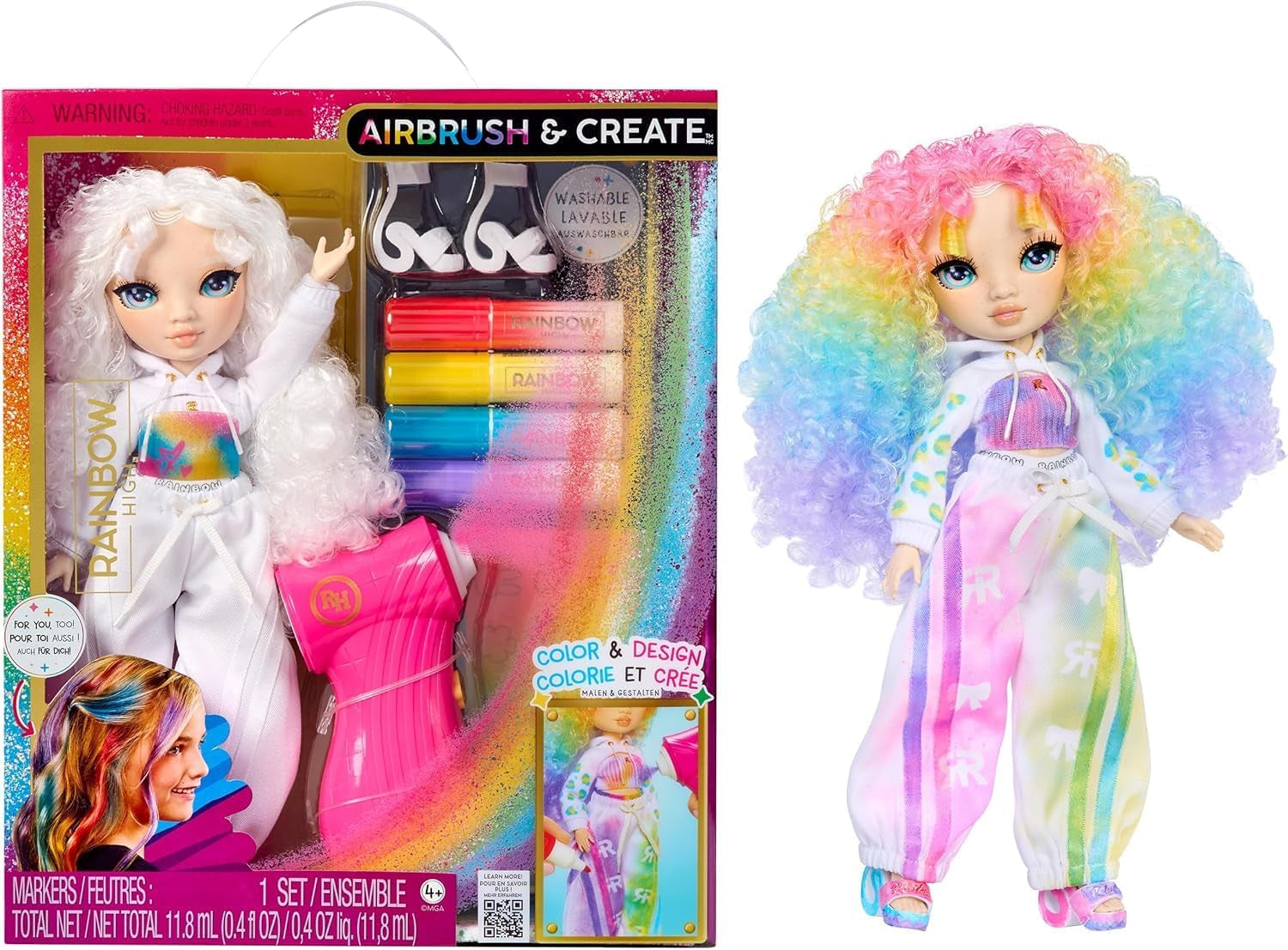 Rainbow High Color & Create DIY Modepuppe - Grüne Augen, Zöpfe, extra Top & Schuhe, abwaschbare Regenbogenstifte - Ausmalen, Gestalten, Spielen, Auswaschen - für Kinder von 4-12 Jahren und Sammler
