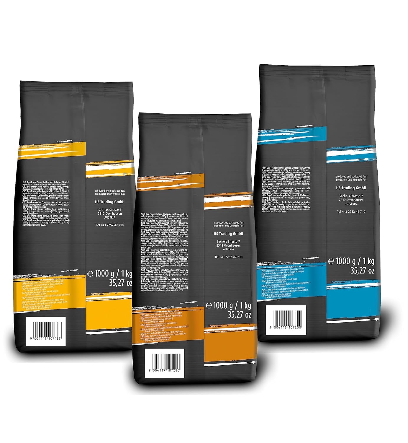 Paquet de café Der-Franz TOP 3 - Crème, Mélange, Noisettes, Grains entiers, 3 x 1000g