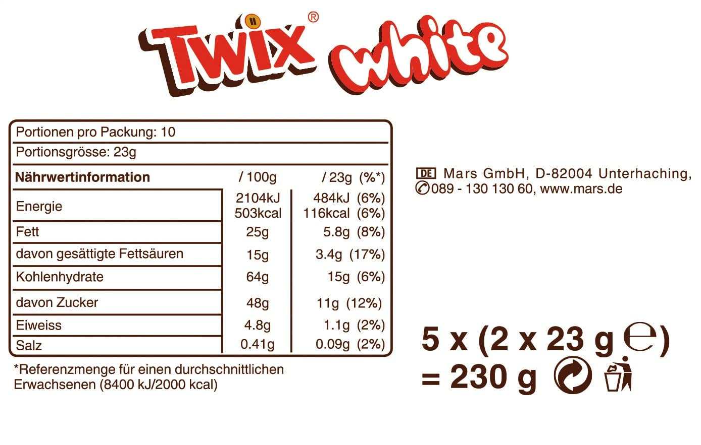 Barres de chocolat blanc Twix ; caramel, biscuits, chocolat blanc ; plusieurs paquets de chocolats ; 5 barres (5 x 46 g)