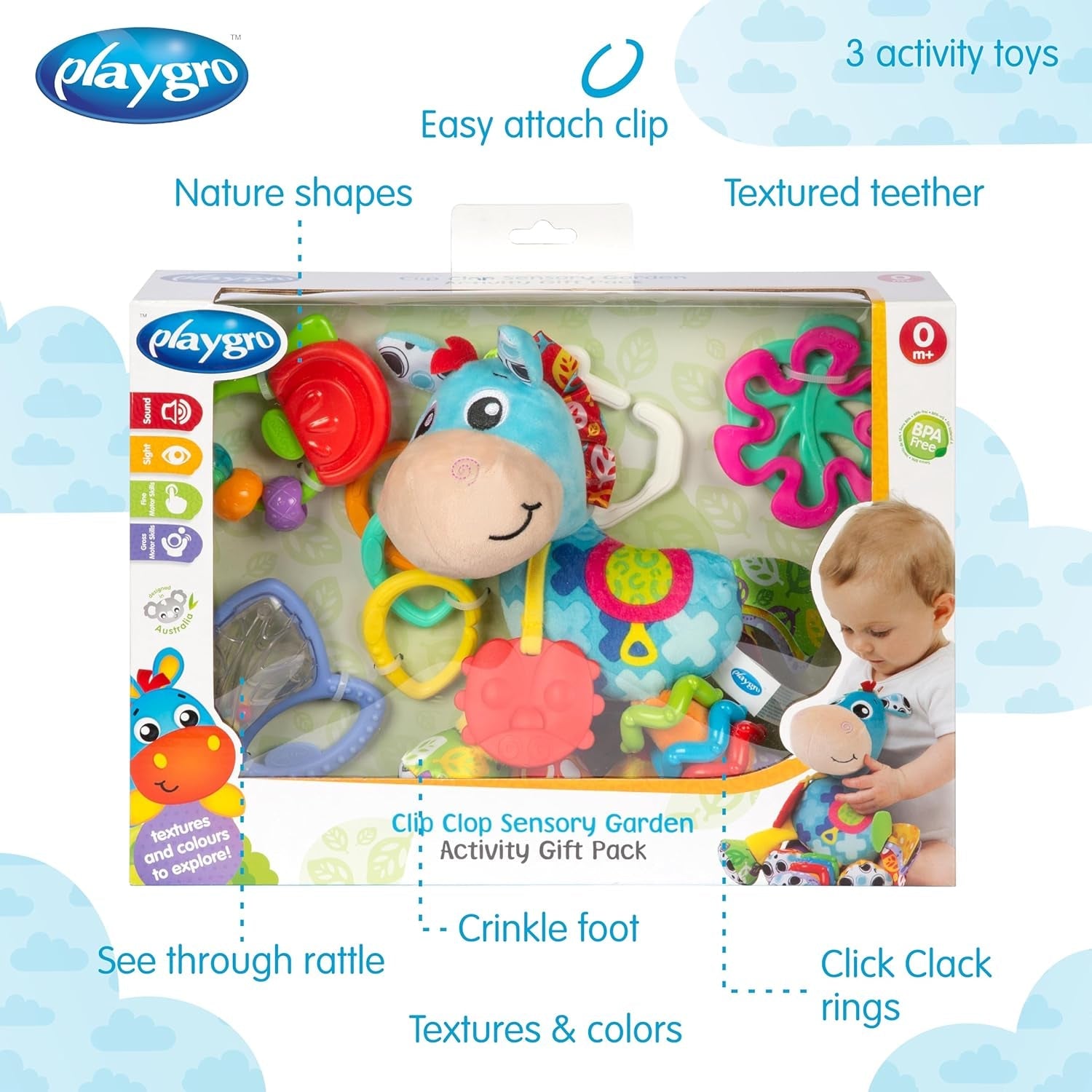 Playgro Clip Clop Coffret Cadeau d'Activités Sensorielles de Jardin - Jouet de Jardin Sensoriel pour Bébés à partir de 0 Mois - Jouet Interactif avec Hochets, Anneau de Dentition et Ami de la Poussette - 4 Pièces