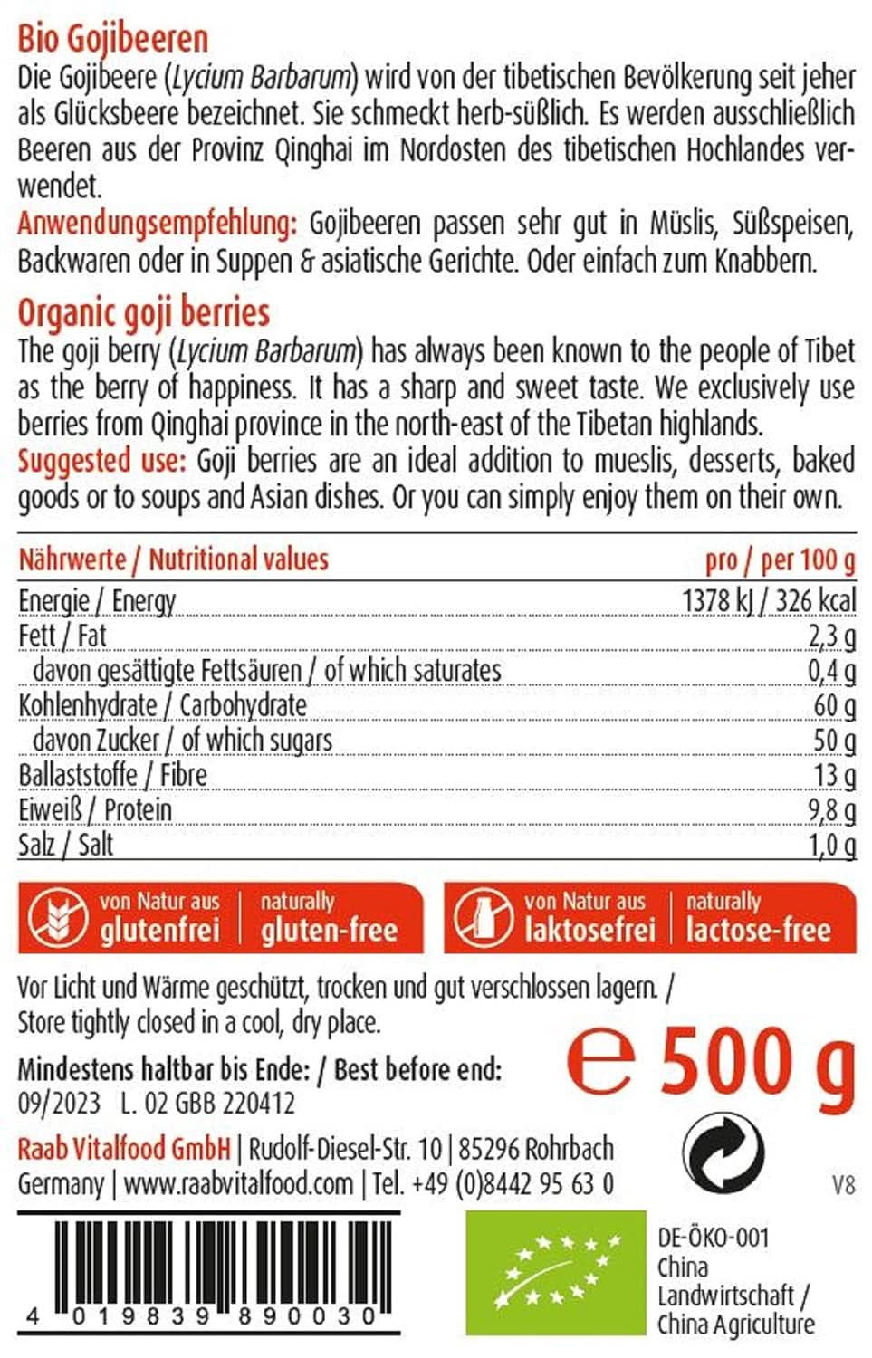 Raab Vitalfood Baies de Goji Bio, qualité premium, 500 grammes Naty Shop produits déshydratés