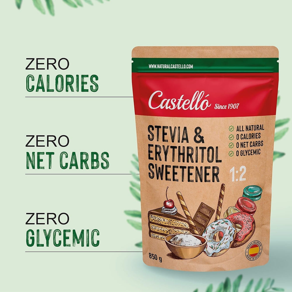 Stevia + Erythritol 1:2 Tissu sucré | 1G = 2G Zucker | Ingrédients 100% naturels - 0 calories - 0 indice glycémique - Keto et Paleo - 0 netto-khlenhydrate - Kein GVO - Castello depuis 1907 - 850 G Édulcorants Naty Shop