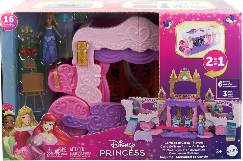 Mattel Disney Princess Transformation Playset Transport au château avec mini poupée Aurora, 3 niveaux, 6 aires de jeu, 4 figurines, meubles et accessoires HWX17