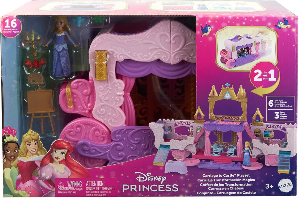 Mattel Disney Princess Transforming Playset Carriage to Castle avec poupée Little Aurora, 3 niveaux, 6 aires de jeu, 4 figurines, meubles et accessoires HWX17 Naty Shop Dolls