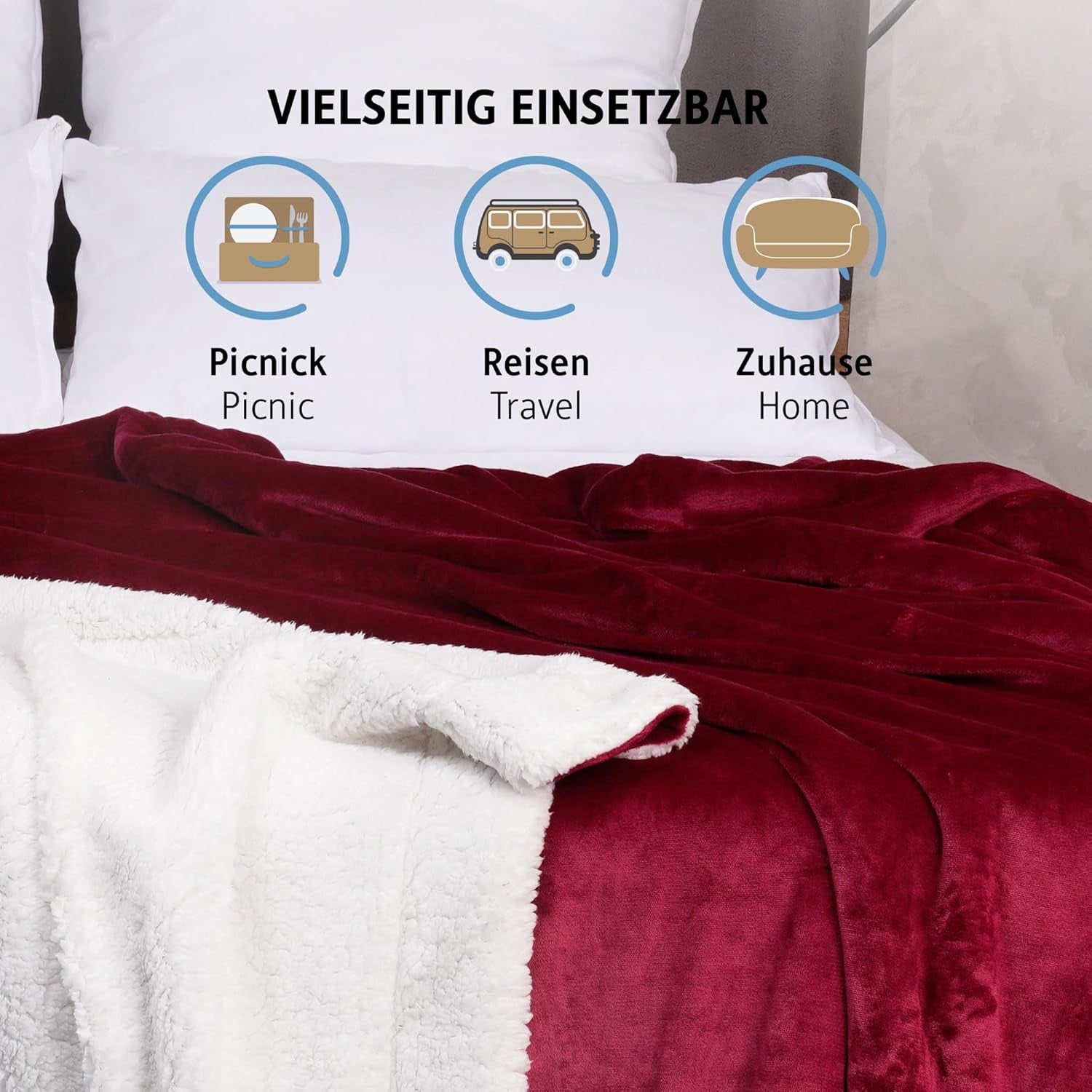 Couverture douillette Komfortec 150X200 Cm, couverture polaire moelleuse certifiée Oeko-Tex, couverture sherpa chaude pour le canapé, couverture épaisse pour le canapé, bordeaux Lits et couvertures Besuche den Komfortec-Store