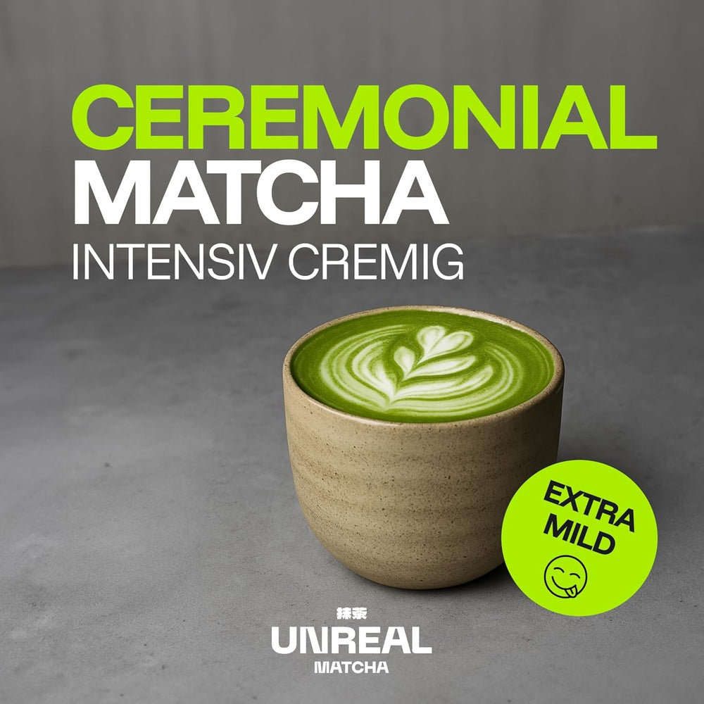 UNREAL® Ceremonial Bio Matcha – Ceai verde ceremonial 100% japonez – Calitate premium din Shizuoka – Pentru ceai, latte și smoothie-uri – Măcinat foarte fin pentru o cremozitate maximă – 25 g