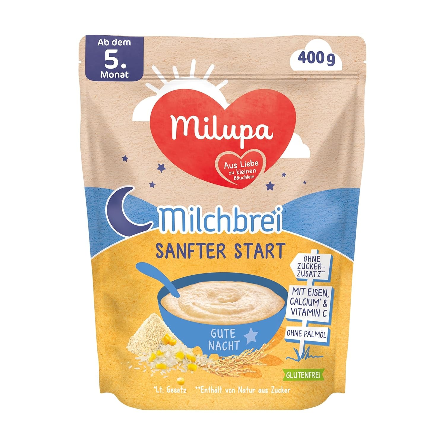Bouillie de lait Milupa Gentle Start - Céréales pour bébé sans gluten, sans huile de palme - Sans conservateurs ni colorants - Dès 5 mois - 4 x 400 g