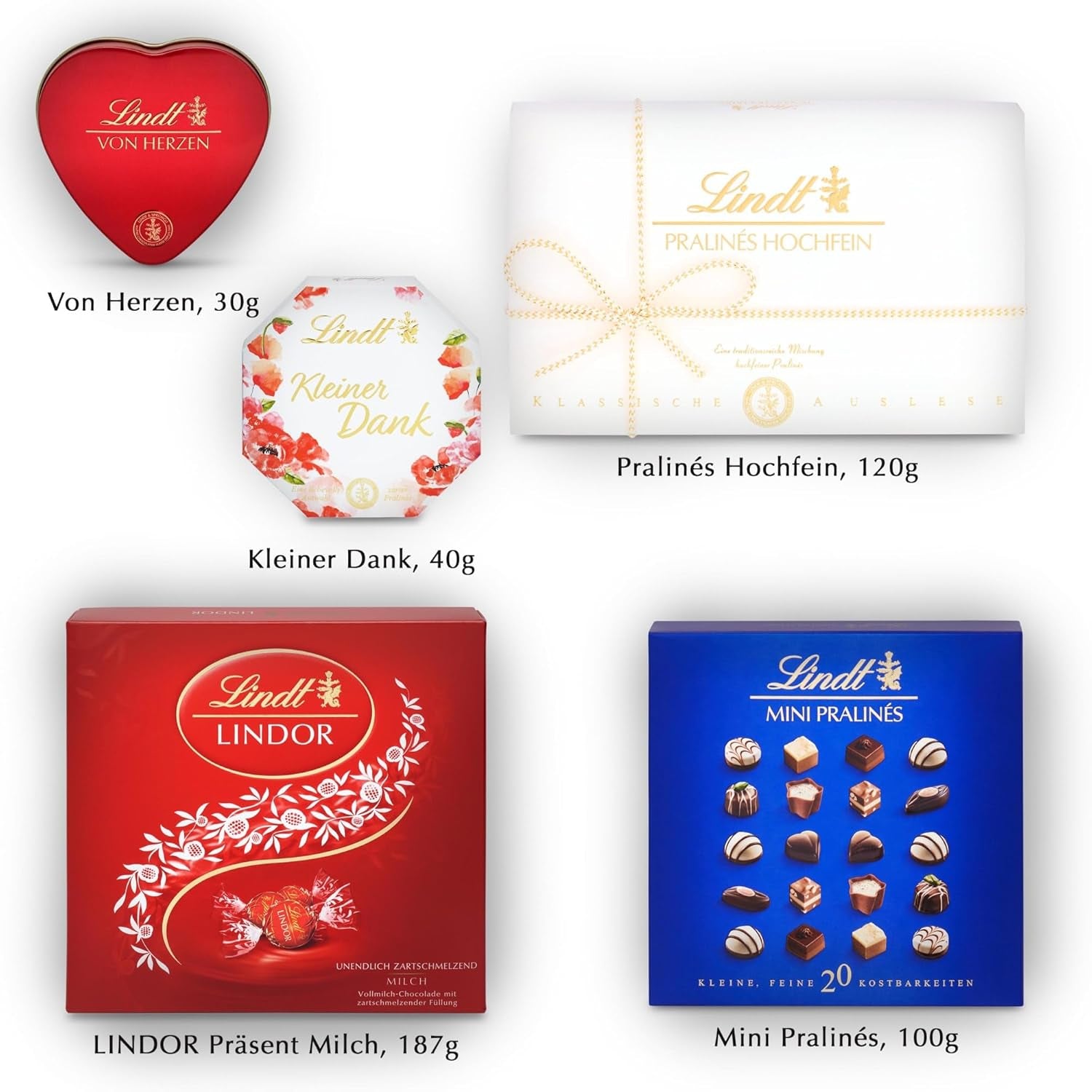 Coffret cadeau praliné au chocolat Lindt | 477g | 5 boîtes de pralines Lindt dans les variantes : Exquis, Mini Praliné, Cadeau LINDOR, Petit Merci, Du Coeur | Cadeau praliné | Cadeau chocolat