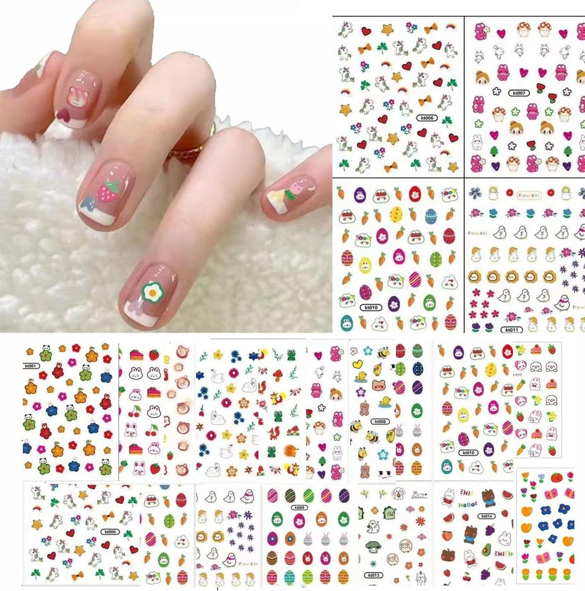 Autocollants pour ongles mignons pour enfants, 20 feuilles d'autocollants pour ongles 3D qui brillent dans le noir, fleurs colorées, décorations Nail Art, autocollants pour ongles, autocollants auto-adhésifs, accessoires de décoration DIY