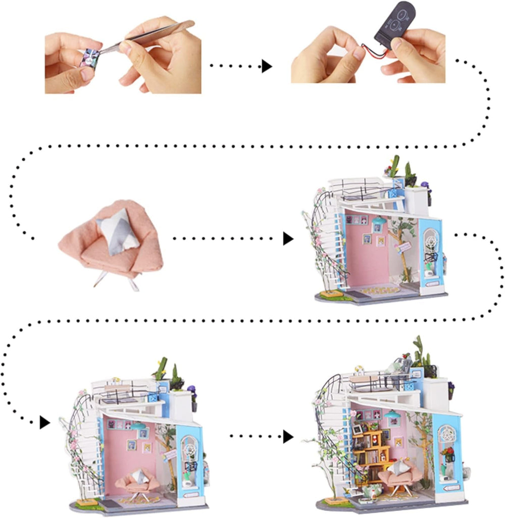 Robotime DG12 Rolife Dora'S Loft Maison de poupée miniature en bois, métal, tissu et carton, taille : 23 x 16 x 26 cm, 248 pièces Maisons de poupées Naty Shop