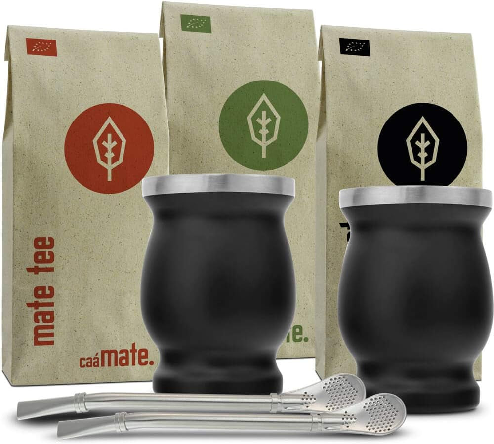 Service à Thé Mate Bio ● 3 Assortiments de Mate + 2 Tasses à Maté Double Paroi en Inox + 2 Bombillas + Instructions d'infusion (Noir)