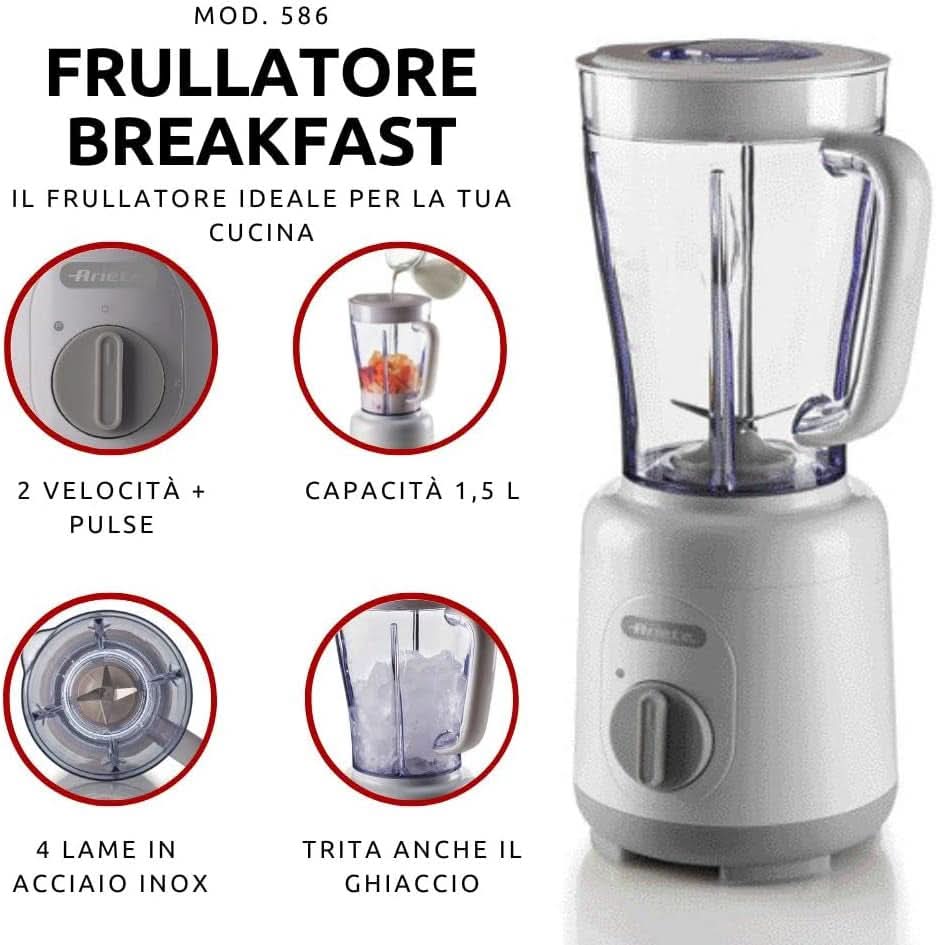 Ariete Breakfast 586 Blender, Mélangeur électrique avec 4 ustensiles de cuisson, 2 vitesses + fonction impulsion, Fumée antidérapante, Plateau de cuisson, 1,5 L de cuisson, 500 W, Blanc Mother and Child Naty Shop