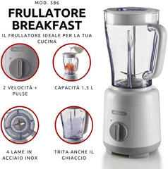 Ariete Breakfast 586 Blender, Mélangeur électrique avec 4 ustensiles de cuisson, 2 vitesses + fonction impulsion, Fumée antidérapante, Plateau de cuisson, 1,5 L de cuisson, 500 W, Blanc Mother and Child Naty Shop
