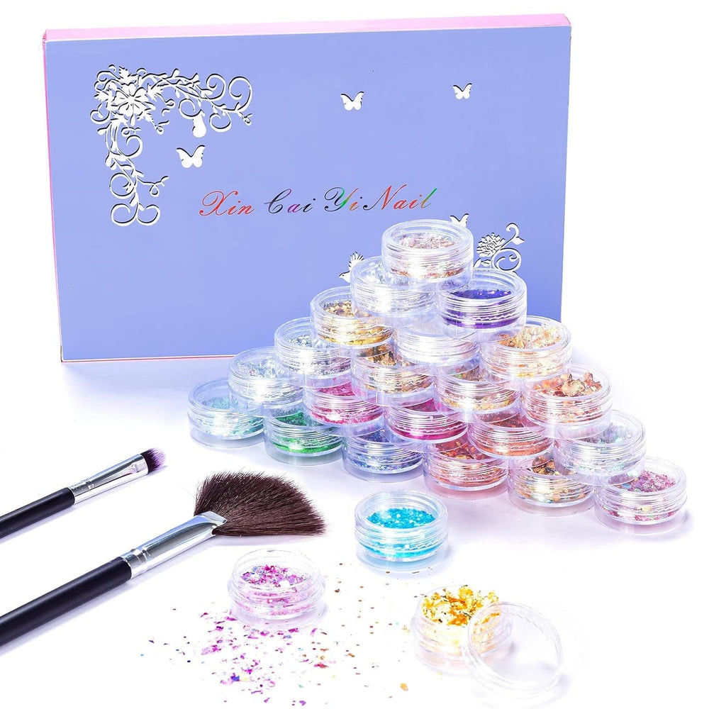 24 couleurs Glitzer Set avec Blattgold et Glitzerpulver, Nageldesign Zubehör Pailletten Basteln Nail Art Glitter Mit Pinsel pour Nägel Gesicht Körper DIY Nagelkunst Make Up