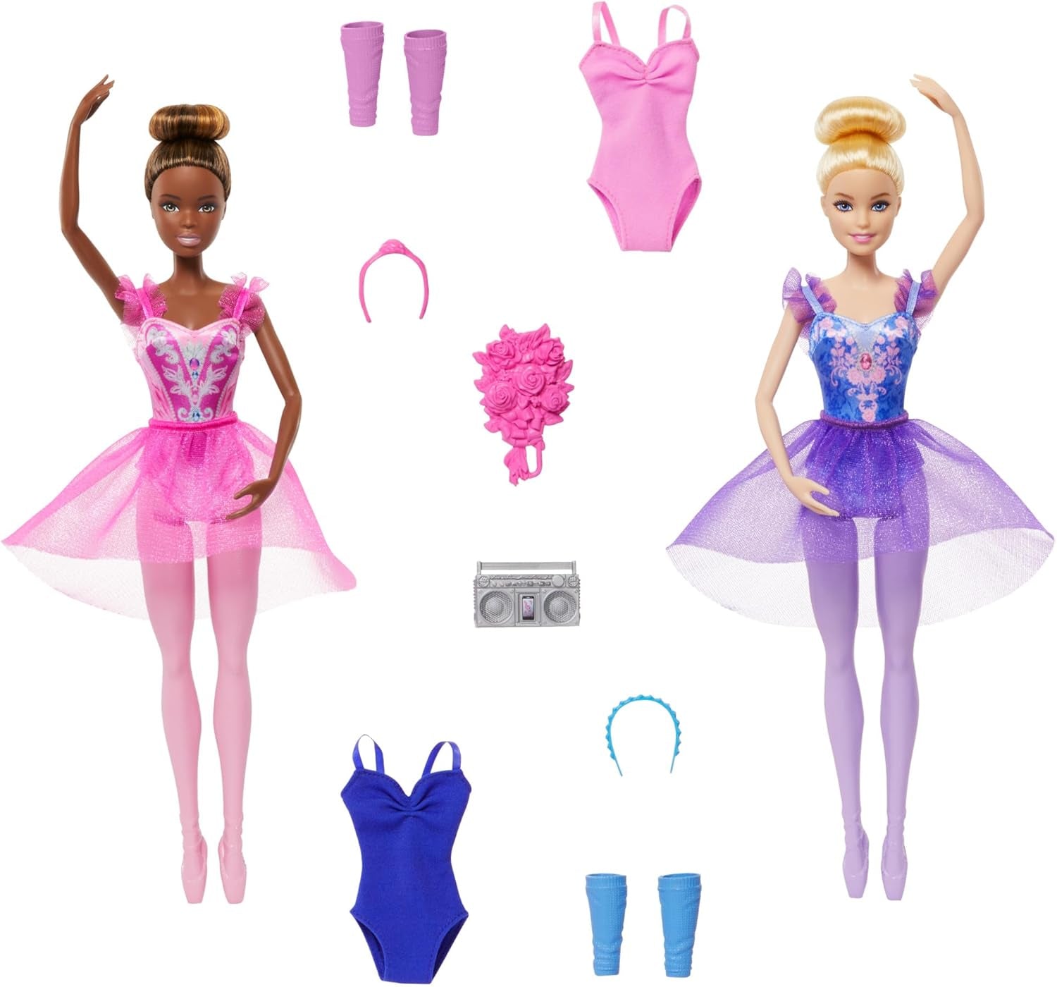 Barbie Ballettstudio Set mit 2 Puppen und 9 Zubehörteilen, blonde et brune Ballerina-Modepuppen mit aussietzem Outfit et zum Tanzmotto passten Teilen, HXC37, [Multicolor]