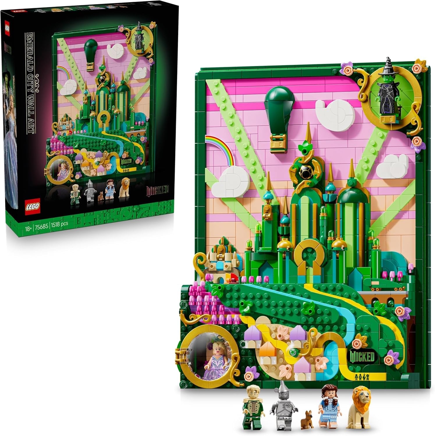 LEGO Wicked Emerald City Wandkunst - 3D Modell für Erwachsene - Modellbau mit 6 Minifiguren inkl. Dorothy sowie Toto Hundefigur - DIY Deko fürs Wohnzimmer - Geschenk für Filmfans - 75685