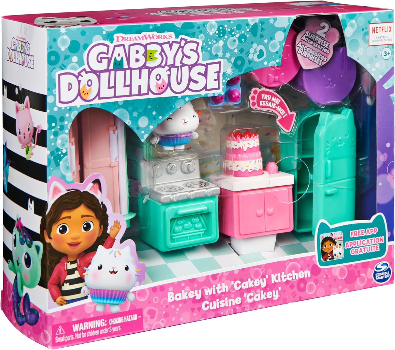 MAISON DE POUPÉES GABBY'S DREAMWORKS - Chambre Deluxe, Confiserie Cakey, Cuisine Kuchi (roumain : Cakey), 3 meubles et 2 boîtes surprises avec accessoires, adaptés aux enfants âgés de 3 ans et plus
