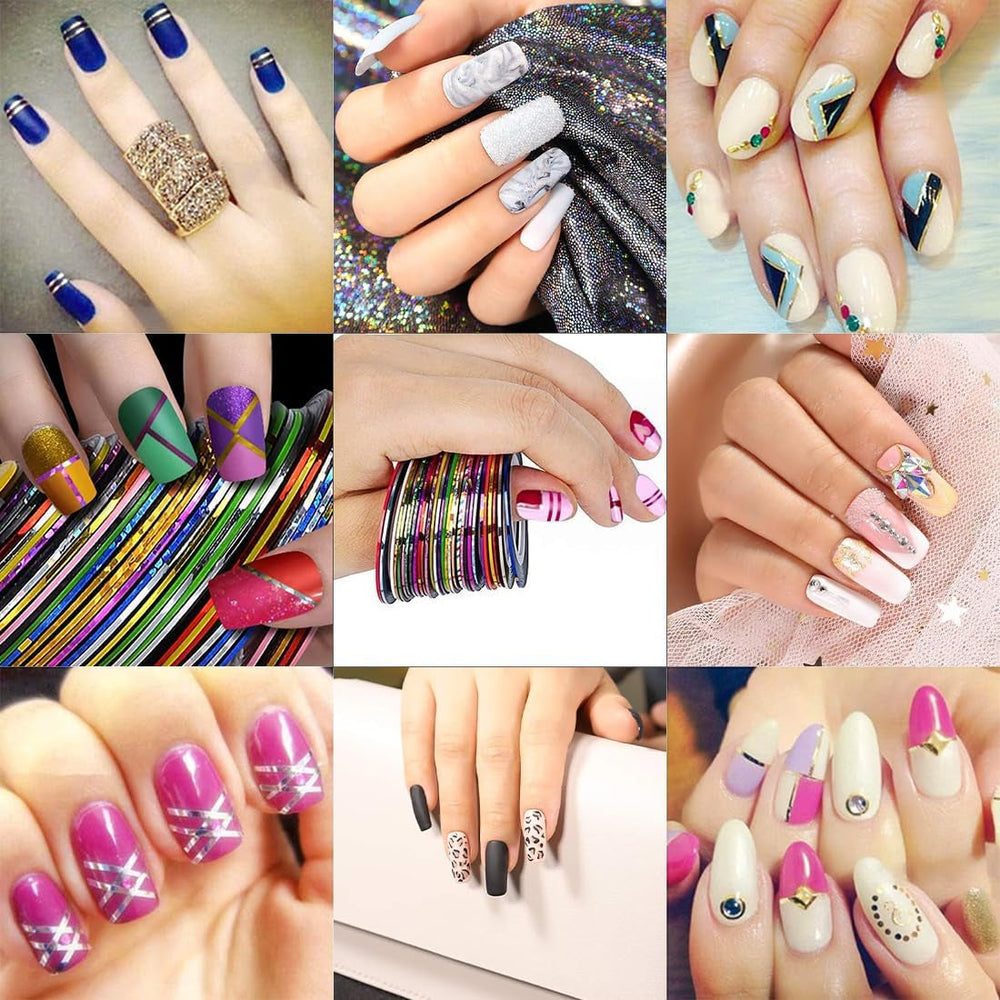 Ensemble d'autocollants et d'accessoires pour ongles - 5 autocollants pour ongles, pinceau, pierres, ruban décoratif, feuille d'or - Parfait pour la manucure et les ongles en gel - Ensemble de 50 pièces