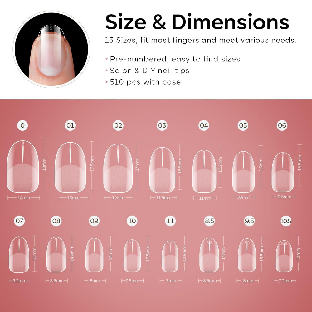 Modelones Nail Tips 510 pièces – Ensemble de pointes d'ongles à couverture complète, ensemble de pointes en gel, pointes d'ongles en résine PMMA pré-polonées, ongles artificiels à coller sur Nail Art DIY, Squoval court