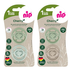 pincement - Vert Cerise | 0-6 mois | Paquet de 4 | Sucette pour bébé, adaptée à l'allaitement et à la dentition. Sucette durable, fabriquée à partir de matières premières naturelles, vert clair/marron