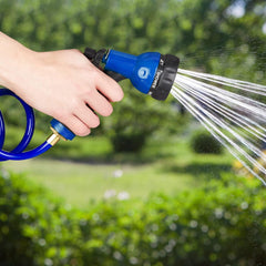 Relaxdays Tuyau spiralé extensible jusqu'à 10 m Tuyau d'arrosage flexible avec pulvérisateur d'eau 7 modes de pulvérisation Bleu 25 x 52 x 15 cm