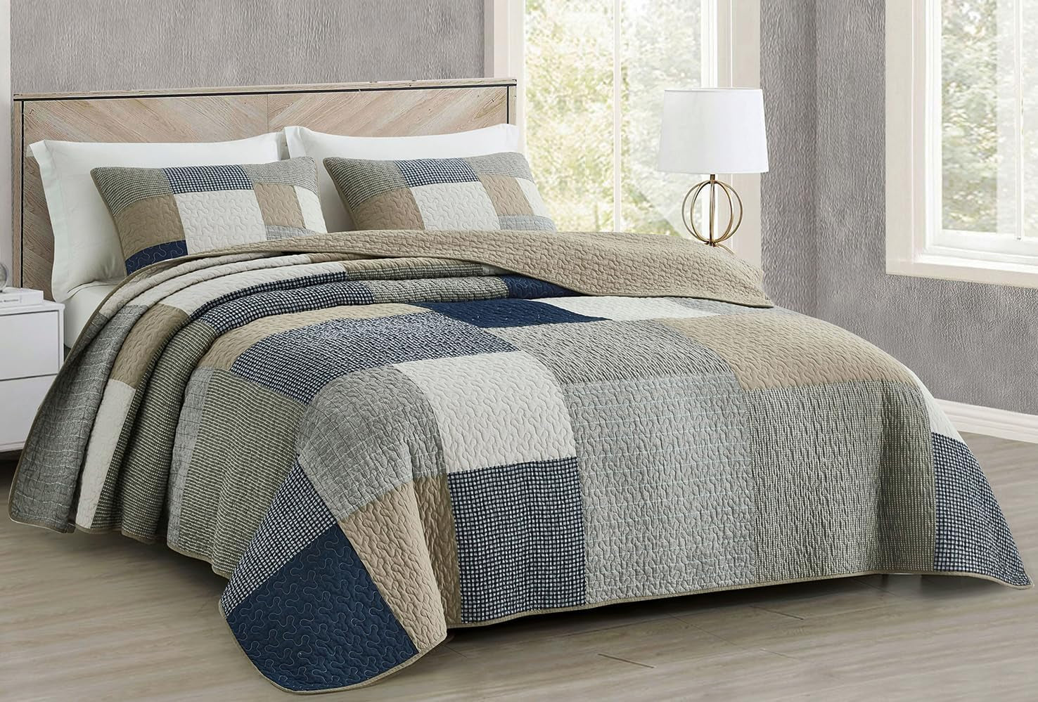 Chezmoi Collection Ensemble de courtepointe Addy Patchwork en coton prélavé léger réversible toutes saisons surdimensionné 3 pièces marine blanc gris taupe courtepointes et courtepointes à carreaux Naty Shop plaid patchwork taupe double