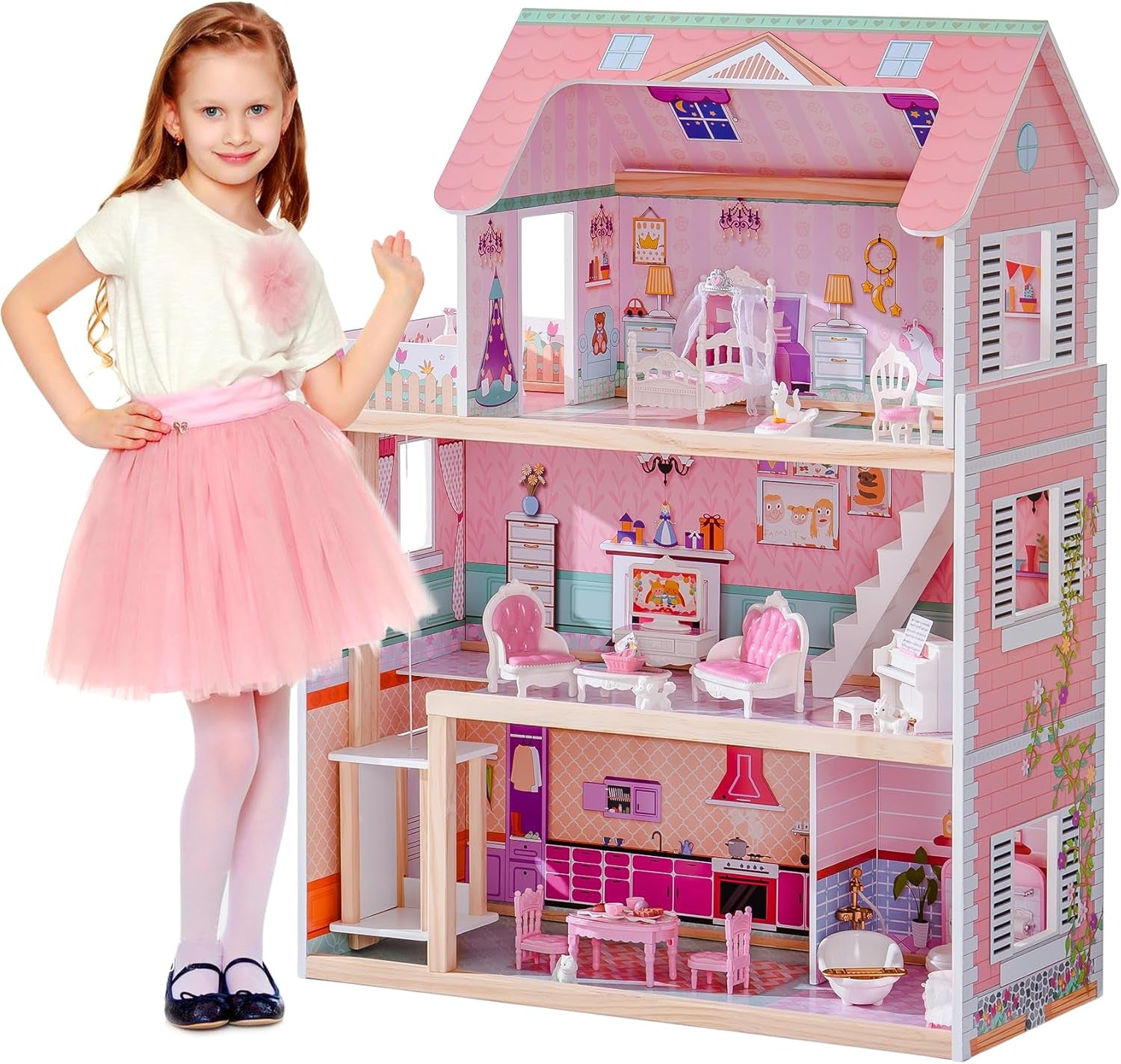 ROBUD Maison de poupée en bois pour enfants, cadeau de jouet de maison de poupée pour filles et garçons de 3, 4, 5, 6 ans