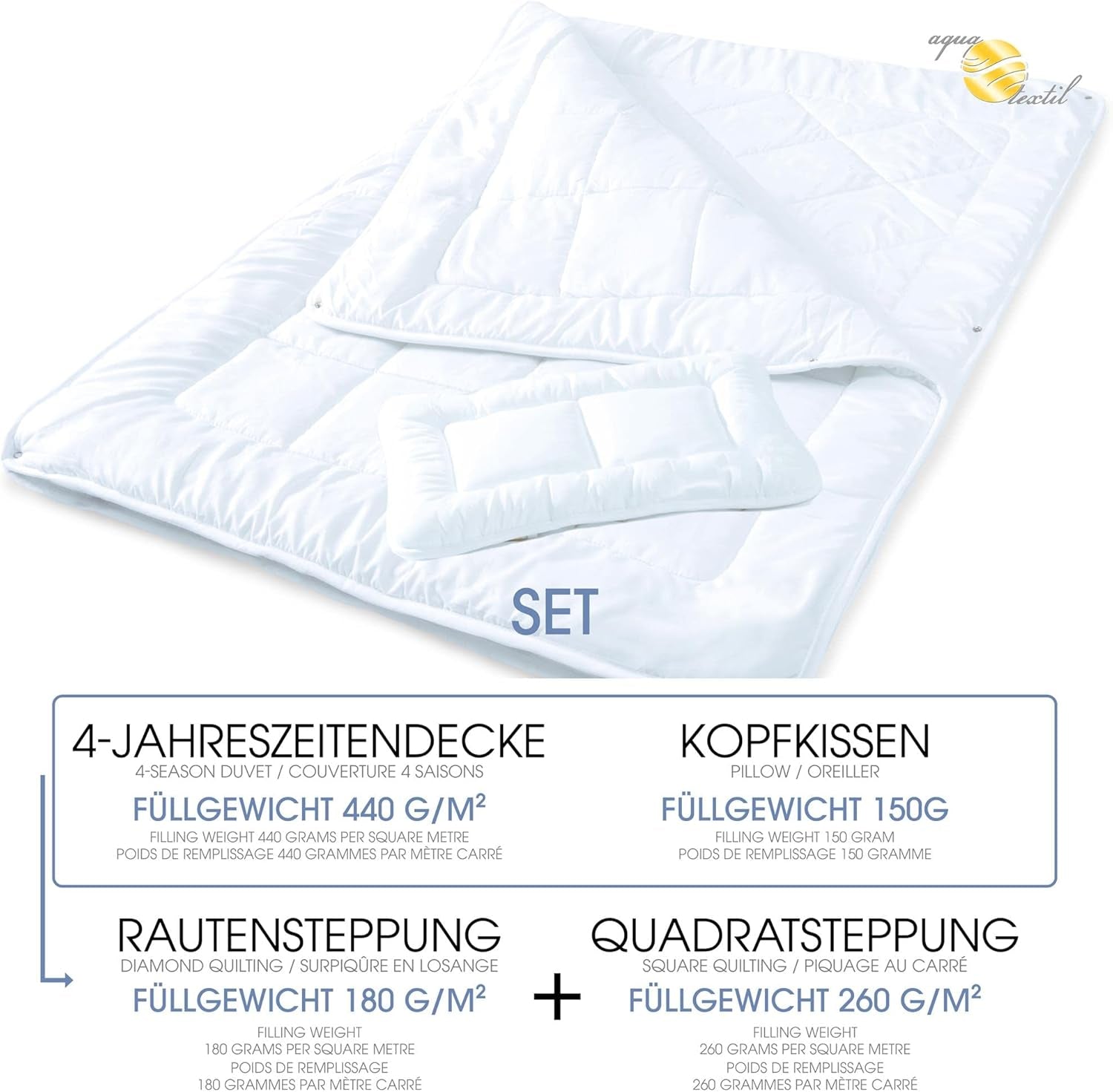 Aqua-Textil Soft Touch Parure enfant Couette 100 X 135 Cm 250G et 350G avec oreiller 40 X 60 Cm 150G Couette 4 saisons Climatisation Oeko-Tex Couettes et couettes Naty Shop