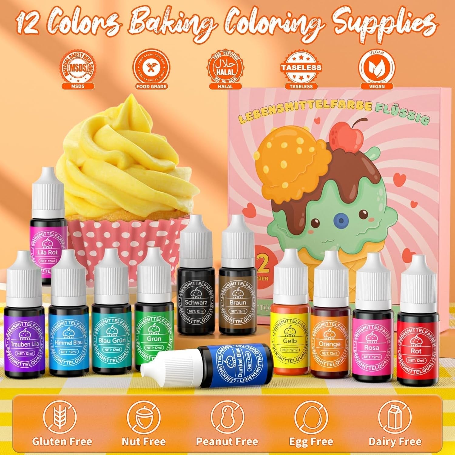 Set de colorants alimentaires liquides 12 x 12 ml Naty Shop