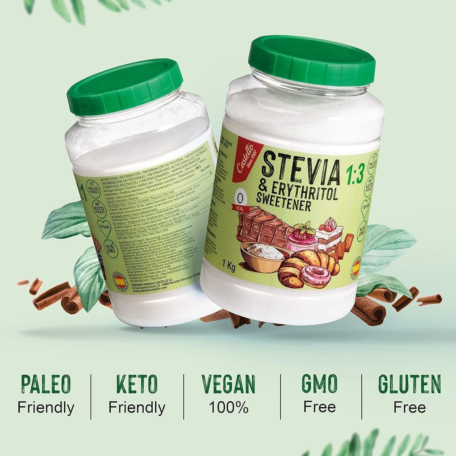 Stevia + Erythritol 1:3 Tissu sucré | 1G = 3G Zucker | Ingrédients 100% naturels - 0 calories - 0 indice glycémique - Keto et Paleo - 0 netto-khlenhydrate - Kein GVO - Castello depuis 1907-1 kg d'édulcorants Naty Shop