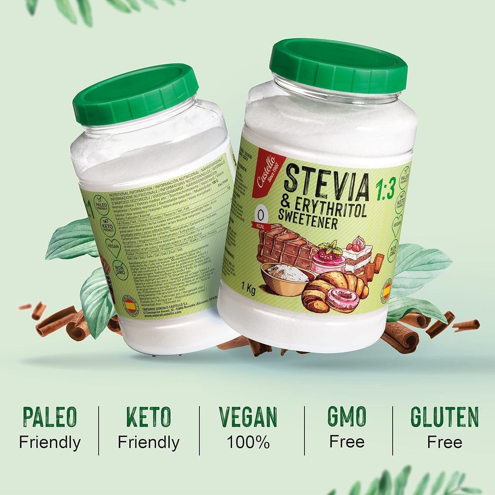 Stevia + Erythritol 1:3 Tissu sucré | 1G = 3G Zucker | Ingrédients 100% naturels - 0 calories - 0 indice glycémique - Keto et Paleo - 0 netto-khlenhydrate - Kein GVO - Castello depuis 1907-1 kg d'édulcorants Naty Shop