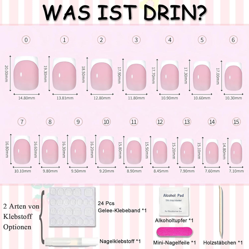 Ongles français autocollants rose clair – 32 pièces à coller sur ongles français – Faux ongles carrés courts – Colle respirante sur ongles artificiels – Faux ongles à couverture complète pour femme (rose clair)
