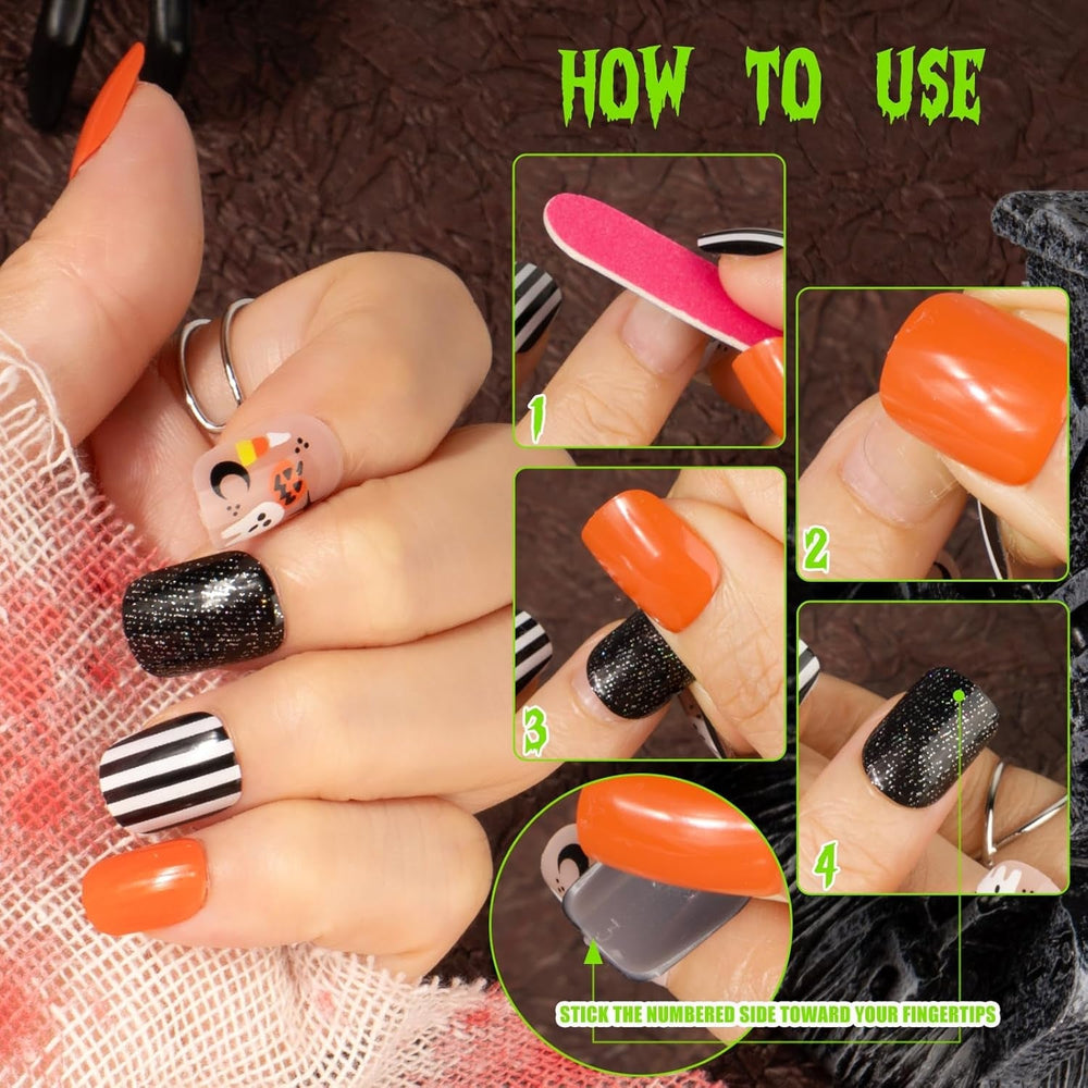72 pcs Ongles d'Halloween Faux Ongles Autocollants Ongles Artificiels Courts Ongles Pressés Autocollants Citrouille Fantôme Ongles Artificiels Conseils Nail Art Orange Vert Noir