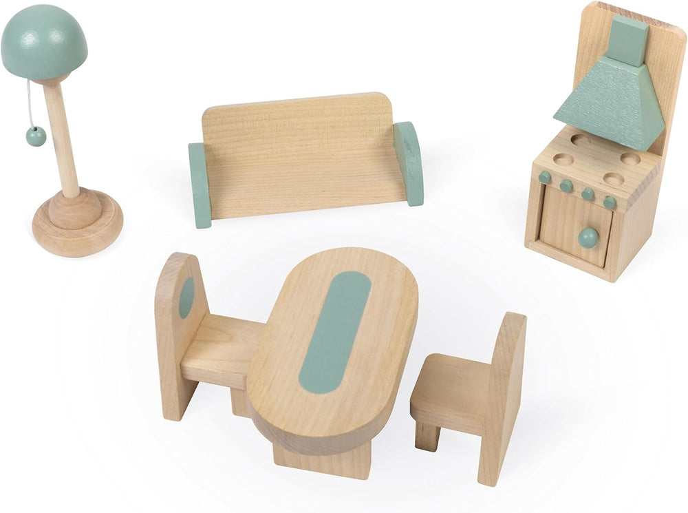 Janod - Ma première maison de poupée en bois - 10 accessoires - Meubles de poupée - Portes magnétiques et toit amovible - Jouet en bois certifié FSC - 3 ans et plus