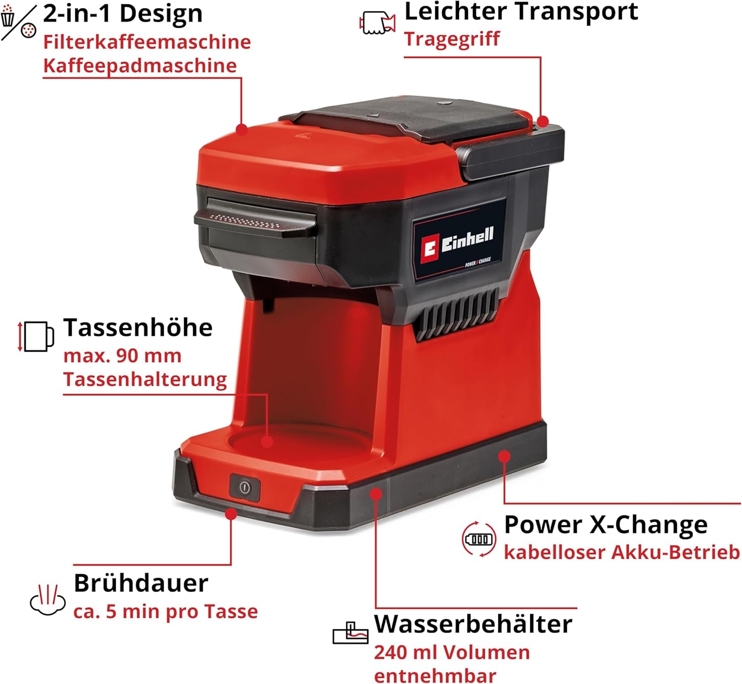 Machine à expresso sans fil Einhell TE-CF 18 Li-Solo Power X-Change (18 V, réservoir d'eau 240 ml, pour café filtre et capsules de café, poignée de transport, avec tasse à café avec couvercle, sans batterie)