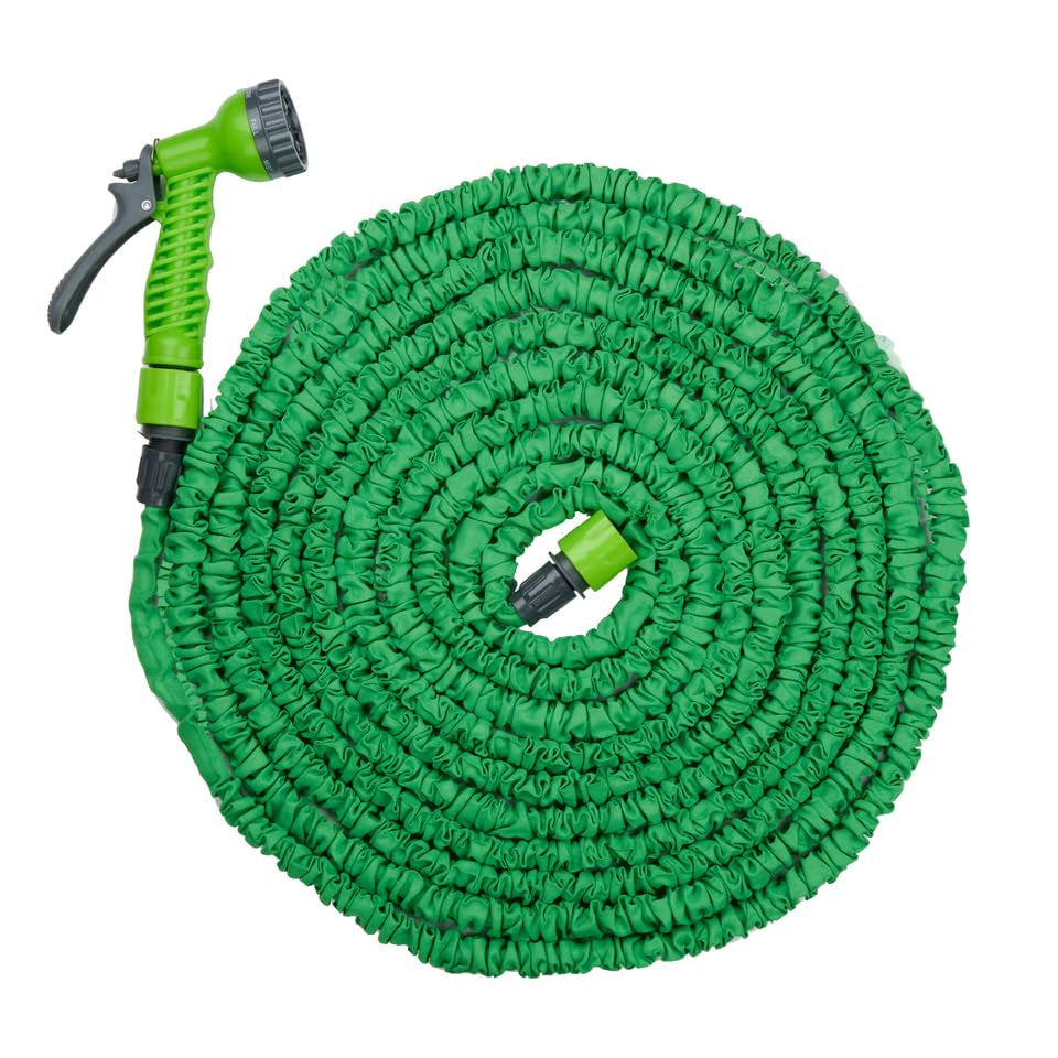 Furtun flexibil de grădină Kinzo 20 m – incl. accesoriu furtun – Furtun flexibil cu cap de pulverizare cu 7 poziții de pulverizare – Plastic – Verde/Gri