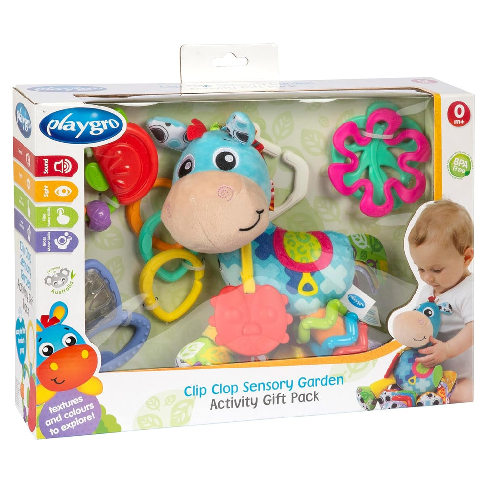 Playgro Clip Clop Coffret Cadeau d'Activités Sensorielles de Jardin - Jouet de Jardin Sensoriel pour Bébés à partir de 0 Mois - Jouet Interactif avec Hochets, Anneau de Dentition et Ami de la Poussette - 4 Pièces