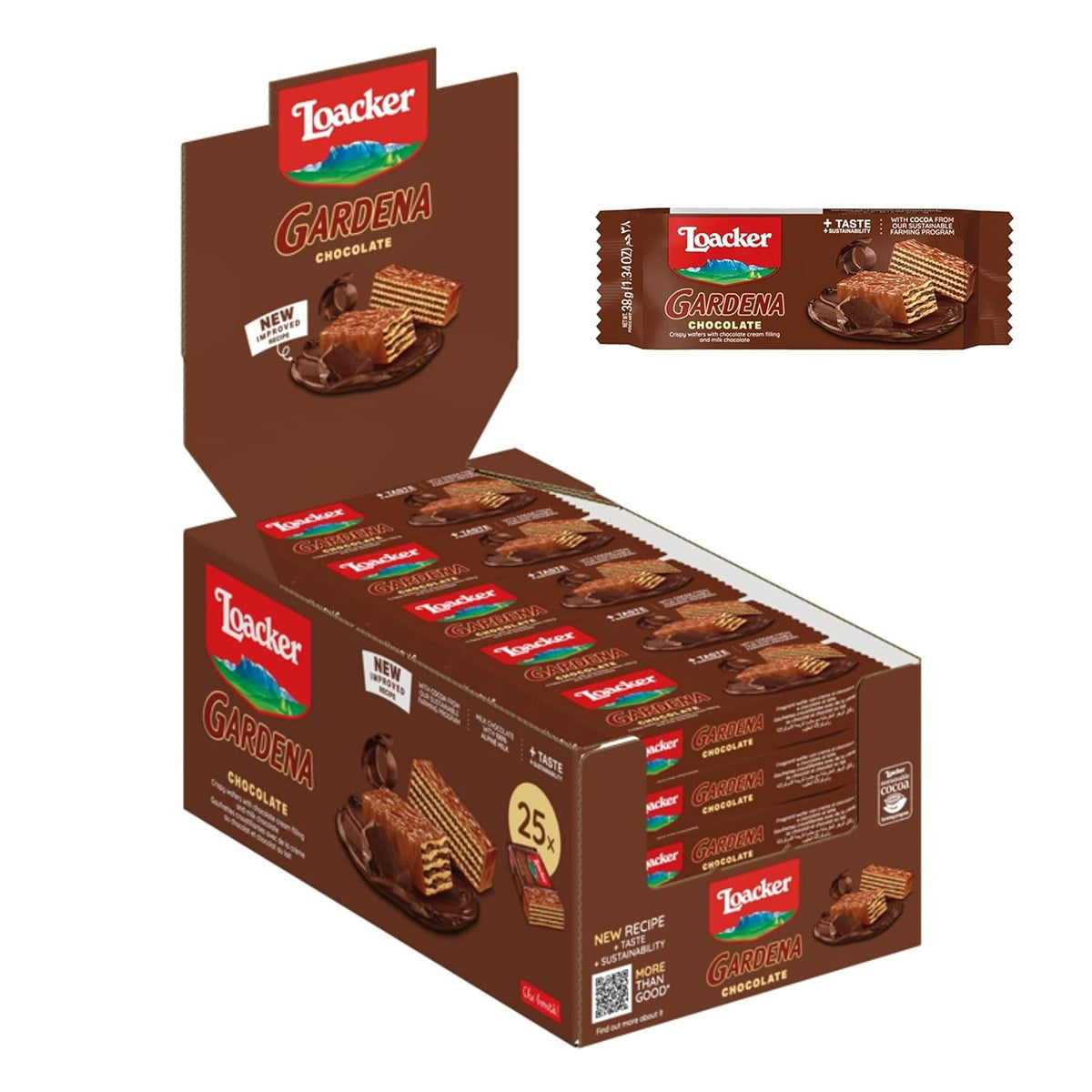Loacker Gardena (Chocolat) • Gaufrettes recouvertes de chocolat au lait et fourrées à la crème fine au chocolat • Biscuits gaufrettes, grand paquet (25 x 38g)
