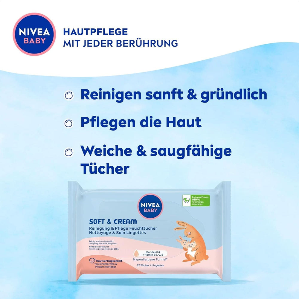 Lingettes humides NIVEA Baby AQUA, lingettes bébé pour un nettoyage délicat des peaux sensibles, lingettes humides pour bébé hypoallergéniques et sans parfum à 99% d'eau (4 x 57 pièces) Lingettes humides bébé Naty Shop
