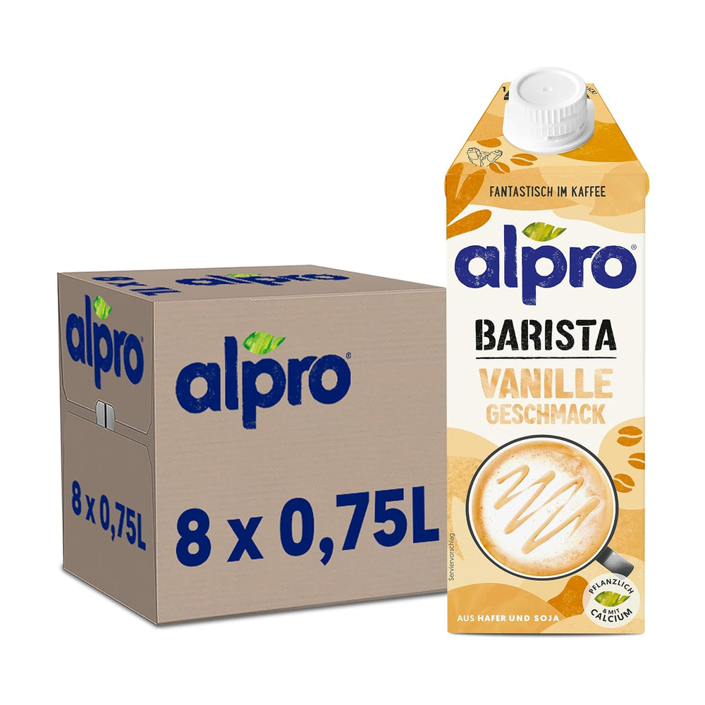 Alpro Barista Vanille – Zum Aufschäumen – Von Natur aus laktosefrei – Riche en substances de ballast, calcium et vitamines – 8 x 750 ml – Haltbar