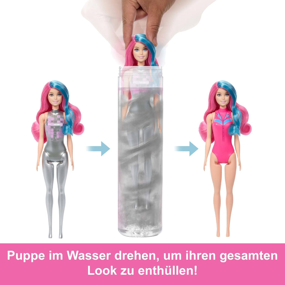 Poupée Barbie Color Reveal et accessoires avec 6 surprises, série Disco Star avec paillettes métalliques et dessus changeant de couleur (les styles peuvent varier), JCP01, 32 cm