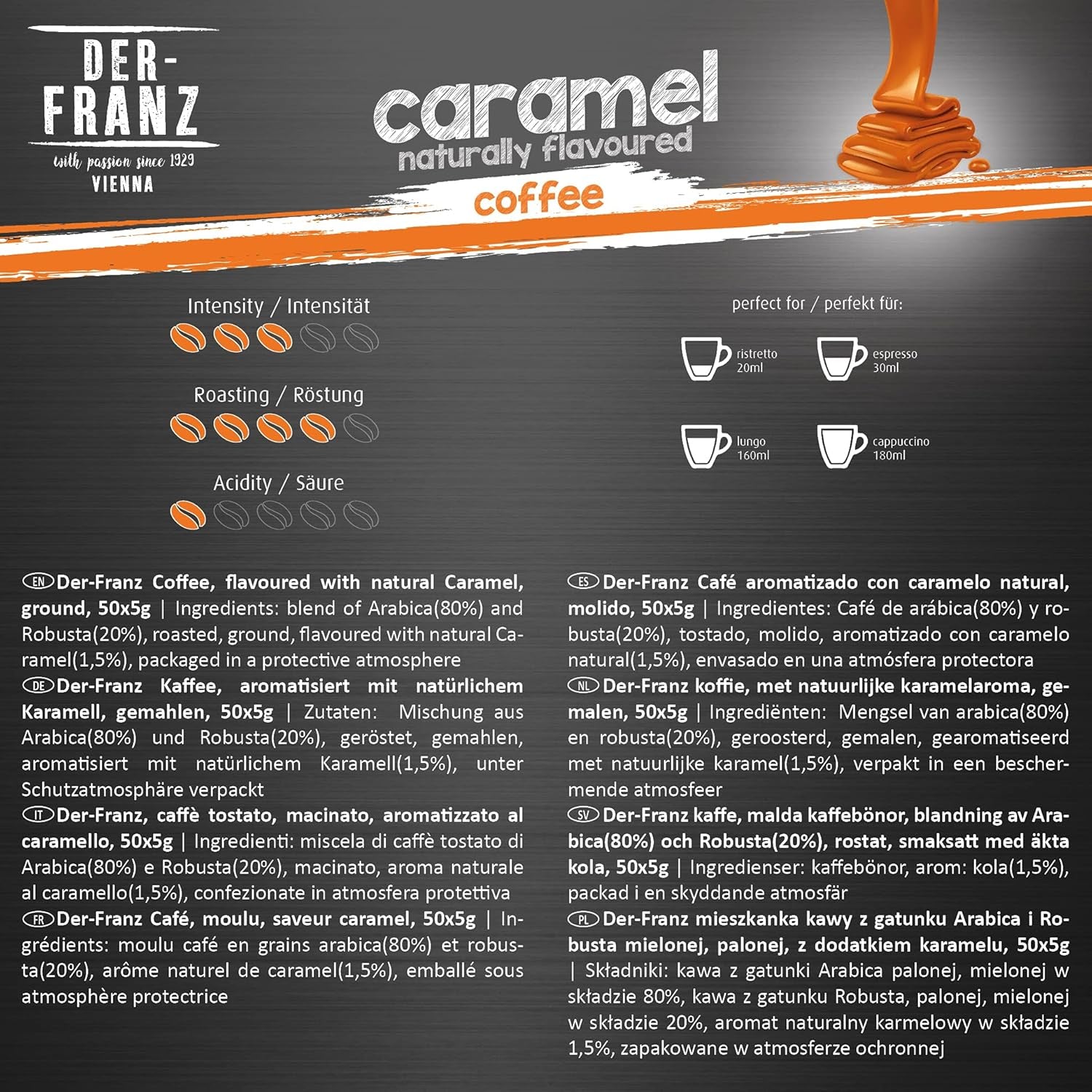 Der-Franz Kaffee Pack, ganze Bohne, aromatisé, 5 x 500 g (1 x Noisette, 1 x Vanille, 1 x Chocolat, 1 x Zimt, 1 x Caramel)