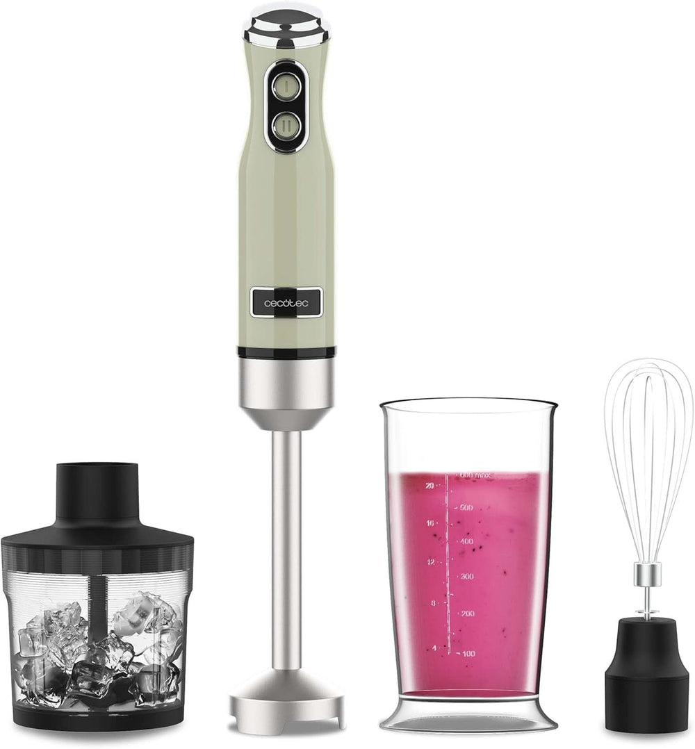 Cecotec Stabmixer Power Retrogreen 1200MAX Cream&Crush, Maximalleistung 1200 W, Technologie Crossblades, 2 vitesses, Zubehörset Spülmaschinenfest, Spritzschutzhaube Kitchen Naty Shop