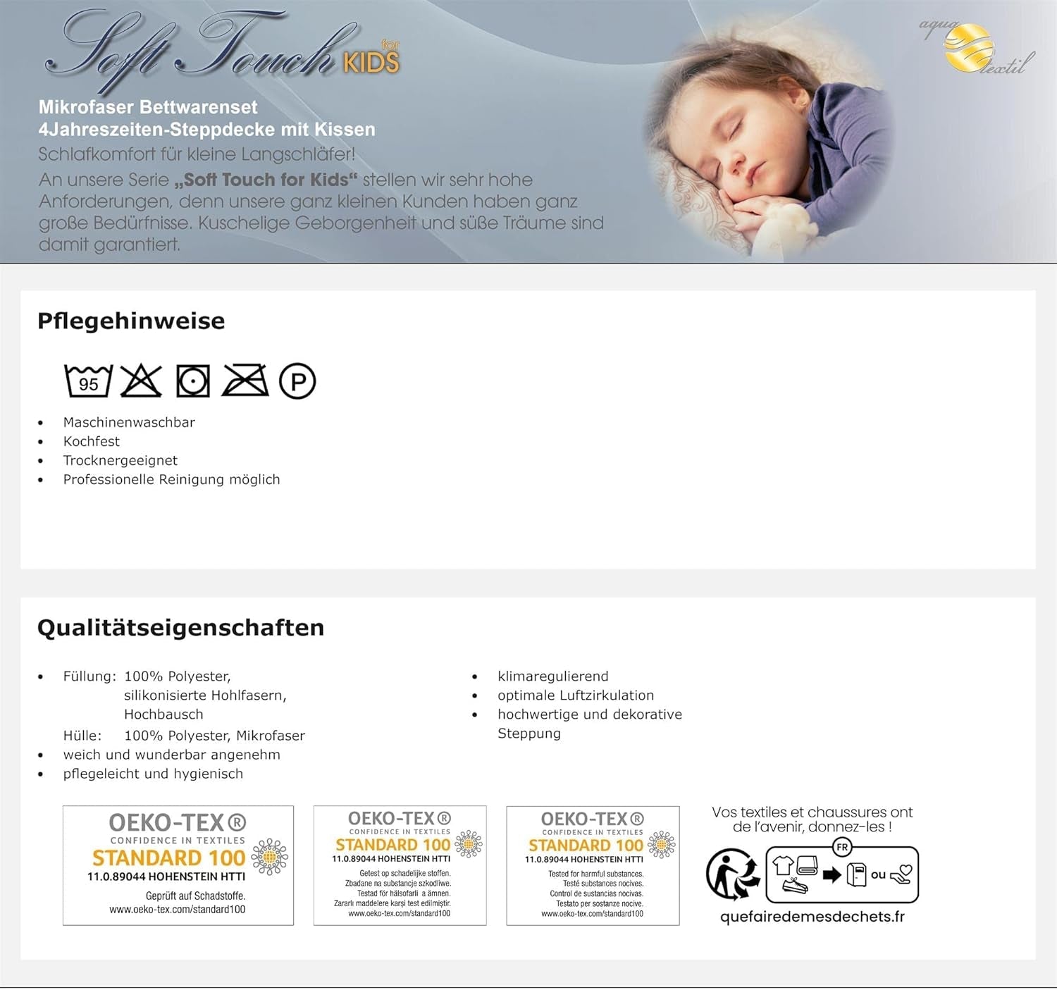 Aqua-Textil Soft Touch Set pentru copii Plapumă 100 X 135 Cm 250G și 350G cu pernă 40 X 60 Cm 150G Plapumă 4 anotimpuri Reglare climatică Oeko-Tex Plapumi si pilote Naty Shop