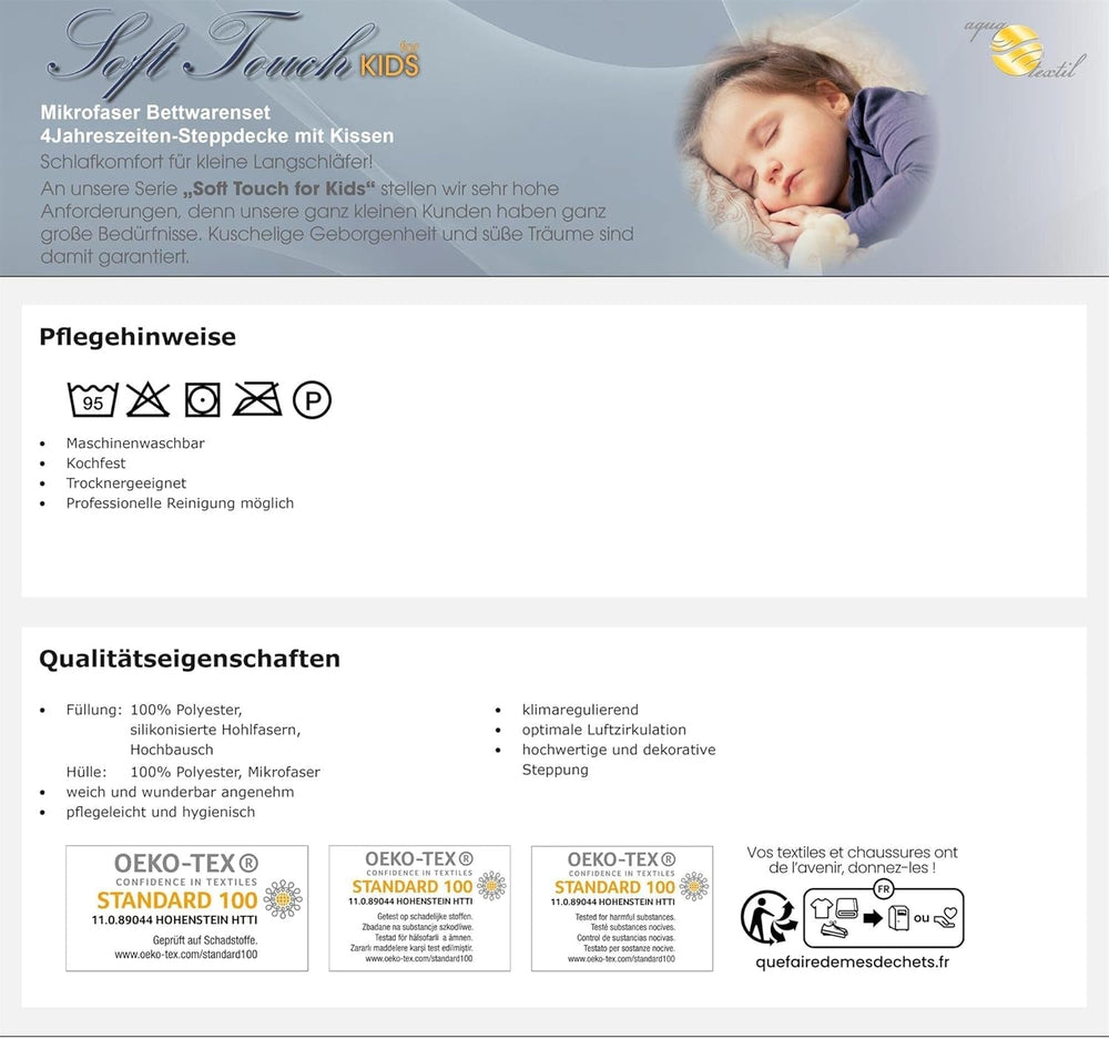 Aqua-Textil Soft Touch Parure enfant Couette 100 X 135 Cm 250G et 350G avec oreiller 40 X 60 Cm 150G Couette 4 saisons Climatisation Oeko-Tex Couettes et couettes Naty Shop