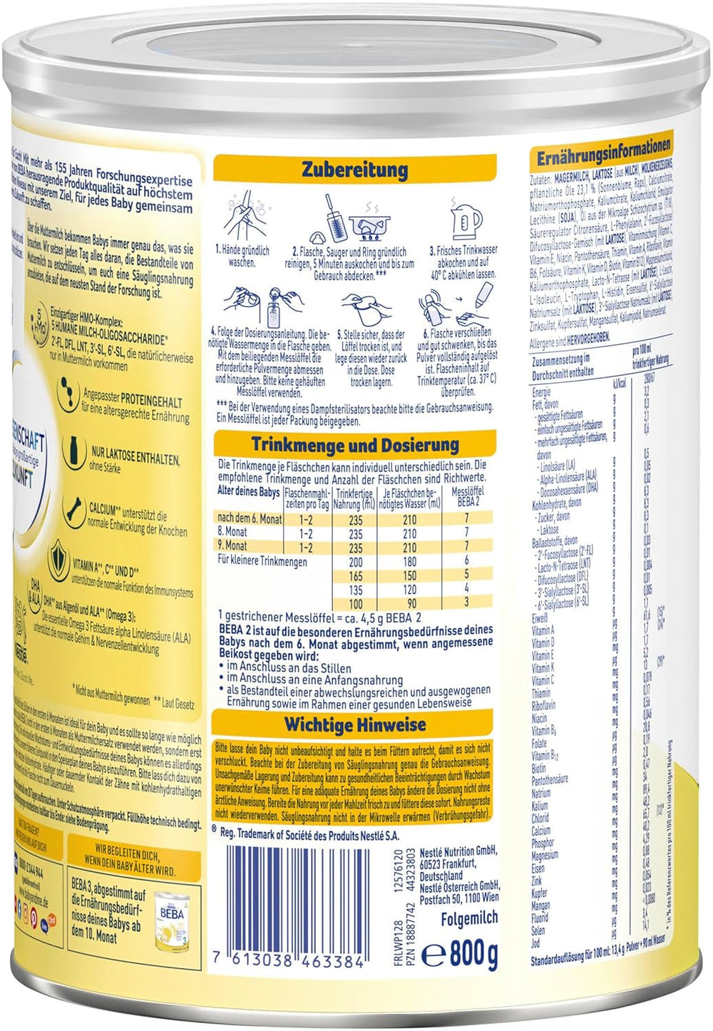 BEBA 2 - Lapte de continuare după 6 luni, cu complex 5 HMO, conținut proteic adecvat vârstei, fără lactoză, fără ulei de palmier, fără ulei de pește, hrană pentru bebeluși, lapte praf pentru bebeluși, pachet de 3 (3 x 800g)